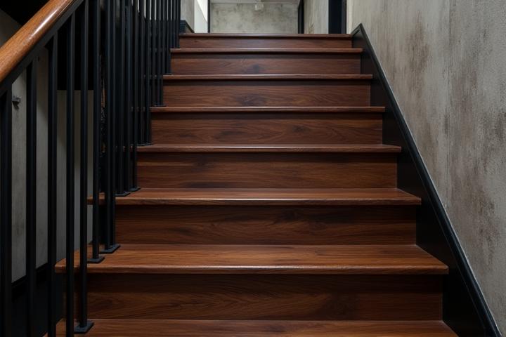 Staircase featuring dark wood treads and industrial-style black metal balusters and handrails